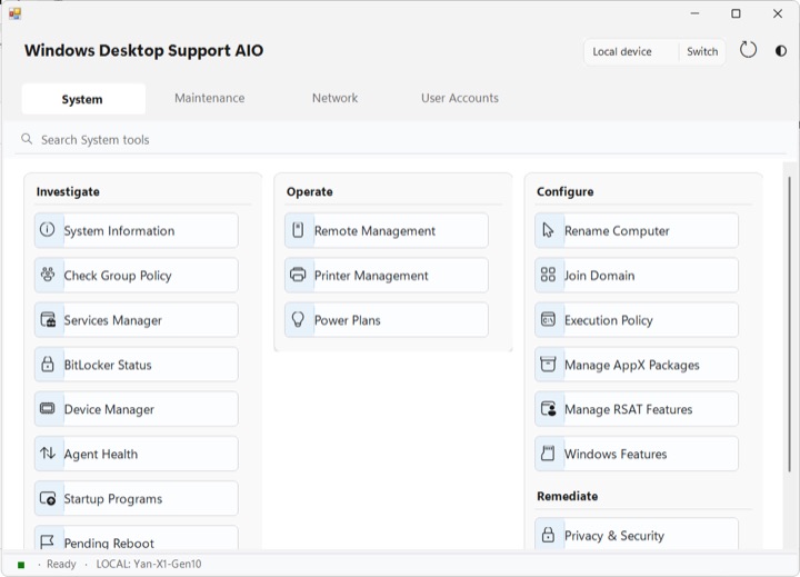 Windows Desktop Support AIO showing a real technician workflow