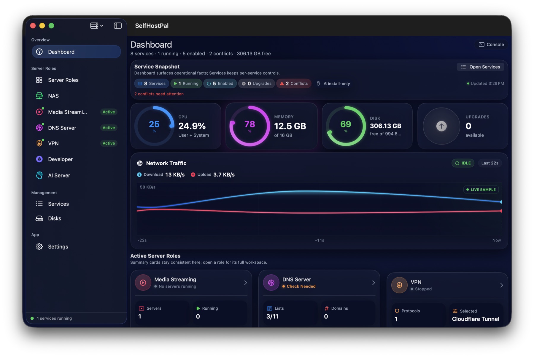 SelfHostPal service dashboard in dark mode